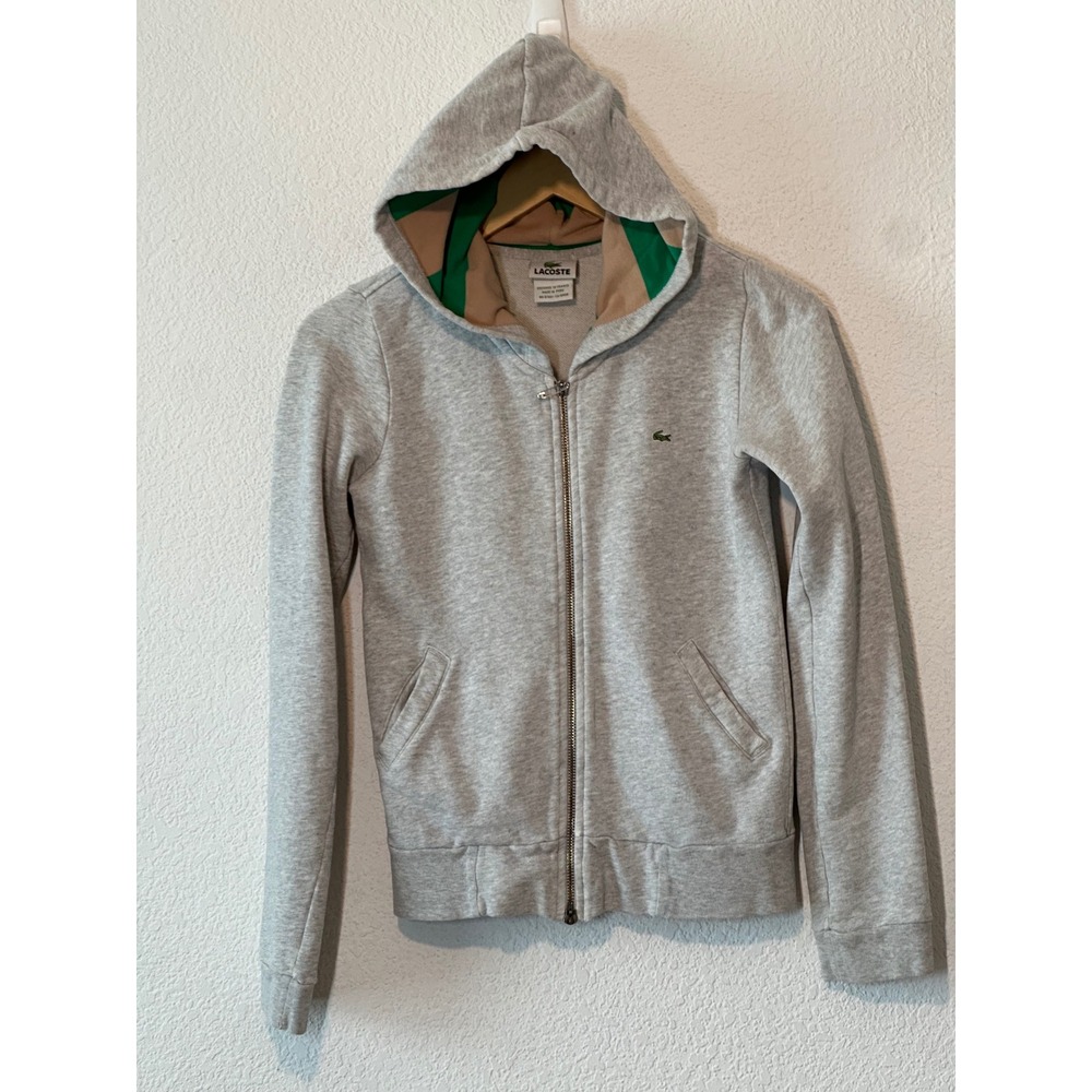 Lacoste Womens Heather Grey Full Zip Hoodie Striped Lining Logo Size 34 XS